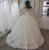 Elegant Long Sleeves Lace Ball Gowns Tulle Floor Length Bride Wedding Dresses bateau Vestidos De Noiva covered buttons Custom Made