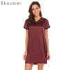 Wholesale-Ekouaer Summer Nightgown Women Night Dress V-Neck Short Sleeve Above Knee Belted Satin Elegant Sleepwear Female Nightwear