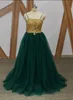 Vestidos de noite formal verde escuro com envoltório longo de pescoço alto apliques de renda de ouro varredura trem zíper de volta vestidos de baile vestidos de festa de mangas compridas