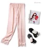 Femme imité soie pyjama pantalon femmes loisirs glace soie dentelle maison pantalon dame long pantalon sommeil bas taille m-xl221x