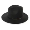 Mode unisex ullfilt Fedora hatt guld ring band för vinter höst kvinnor elegant dam floppy cloche wide brima jazz caps storlek 56-58cm