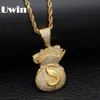 Uwin US Money Bag Sence Counte Pendate Full Bling Cubic Циркония заморожена золотые цепи серебряного золота хип -хоп ювелирные изделия для Men5612064