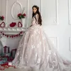 Boll vintage spetsklänning klänningar brudklänningar 3d blommor Appliced ​​3 4 lång ärm Scoop Neck Pärlor plus storlek bröllopsklänning s