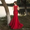 New Fashion Dark Red Plus Size Lace Appliques Mermaid Evening Dresses Beadings Lace Applique Dubai Arabic Dresses Evening Wear Prom Dresses