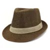 Vår sommar kvinna män mode brittisk stil bomull linne jazz hatt band inredning kort brim fedoras gangster cap beach sunhat