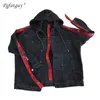 New Hooded Denim Jacket Trendy Style Stitching Zipper Hit Color Letters Weaving Bands Loose Couple Jeans Jacket Removable Cap