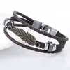 Bracelet croix en cuir véritable crâne plume feuille breloques multicouche Wrap tressé bijoux pour hommes femmes Vintage argent perles Punk cadeau bracelet