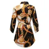 Fashion Middle Sleeve Chain Print Women Blouse Dress And Tops Lapel Lace-Up Button Summer Shirt Casual Tops Short Dress