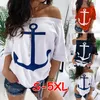 Frauen plus Größe S-5XL T-Shirts Boot Anker Drucken Lose T-shirts Off Schultertops Slash-Hals Sommer Freizeitkleidung Billig 2707