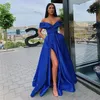 2020 Newest Satin Long Formal A Line Split Prom Dresses Off The Shoulder Ruched Sweep Train Formal Party Evening gowns