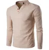 Bouton T-shirt hommes coupe ajustée à manches longues chemises solide T-shirt en lin T-shirt haut décontracté chemisier