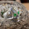 925 Silver Two-Tone 18k Gold Emerald Pierścionki Vintage Grawerowanie Cross Skull Ghost Head Ring Ring Men's Punk Biżuteria