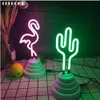 Livraison directe 3D Flamingo Cactus en forme de néon veilleuse DC 5V rose vert fabriqué à la main Tube de verre lampe au néon pour la décoration de Festival