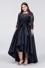 Size Black Plus Evening Dresses 3/4 Long Sleeves Lace Stin Sash Bow Ribbon Custom Made A Line Scoop Neck High Low Prom Party Gown