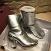 Oryginalne skórzane okrągłe dzielone palce botki Bling Laserowe cekinowe przyjęcie tabi buty wysokie obcasy butów 5019464