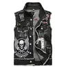 Hommes Punk Denim Gilets Noir Crâne Broderie Denim Gilet Slim Fit Mode Jeans Veste Sans Manches Homme Gilet Tops Taille Asiatique