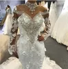 vestito sposa High Neck Long Sleeve Crystal Mermaid African Wedding Dresses 2020 See Through Sweep Train 3D Lace Applique Plus Size Bridal