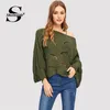 2019 Detalhe Verde Detalhe Scallop Batwing Manga Camisola Barco Pescoço Outono Superfície Solto Sweater