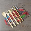 6 Designs bamboo flatware set 7pcs/set portable cutlery set with cloth bag dinnerware set knife fork spoon chopsticks straw tableware sets