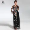 2019 Fashion Runway Maxi Kleid Frauen039s elegantes Langarm Tüll Gaze Blumenblumenstickerei Schwarzes Vintage Langes Kleid Y1904692675