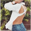 Kadın Çapraz Aç Geri Bluz Gömlek Tops Seksi Backless Uzun Kollu Turn-down Yaka Sonbahar Gömlek Beyaz Gri Katı Gömlek J190615