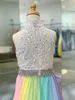 Sequins Romper with AB Stone Rainbow Chiffon Skirt Halter Neck Little Girl Pageant Dress Zipper Back Sleeveless169D