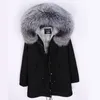Women down coats Maomaokong brand grey down fill lined black long parka with grey raccoon fur trim hoody