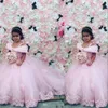 New Baby Pink Flower Girls платье для свадьбы с плечом Тюль Кружева Аппликация Кристалл бисер именинница причастие Pageant платье