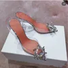 Venda Quente-Moda Mulheres PVC Slingbacks Sandálias Brilhantes Embelishments Glass Mules Sapatos de Cristal Flores Limpar saltos altos claros