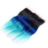 # 1B / Blue / Teal Ombre Прямые индийские человеческие волосы 3 пучка и лобные черные корни Blue Teal 3Tone Ombre Кружевная фронтальная застежка 13x4 с плетением
