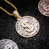 18K guldpläterad bling bling cubic zirconia mens amerikanska dollar tecken runda hänge halsband masculina bijoux hip hop rapper smycken gåvor för killar