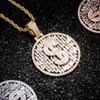 18K Gold Plated Bling Bling Cubic Zirconia Mens US Dollar Sign Round Pendant Necklace Masculina Bijoux Hip Hop Rapper Jewelry Gifts for Guys