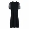 Nouveau design femmes parti perspective organza bouffée manches courtes taille mince couleur noire robe longue grande taille XS S M L