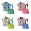 Children Summer Beach Outfits Fashion Baby Boys Floral Bow tie Shirts +Suspender shorts 2pcs Suits Kids Casual Clothing Sets C6411