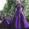 Lovely Purple Muslim Mom Daughter Dresses For Party Birthday Long Sleeves Floral Lace Beaded Hi Low Littler Girls Pageant Dress Flower Girl