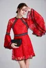 Women's Runway Dresses O Neck Long Sleeves Flare Sleeves Embroidery Lace Beaded Fashion Designer Short Dresses