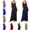 Kobiety Solidna bez rękawów Maxi Dress Boho Designer Spaghetti Kieszonkowy Długość V Neck Luźna Długa Spódnica Elegancka Clubwear Ljja2536-1