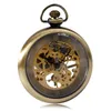 Retro Bronze Exquisite Mechanical Hand Winding Pocket Watch Open Face Vintage Skeleton Clock for Men Women Pendant Necklace Chain Gifts