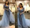 Mermaid Prom Latest Dresses Sexy Deep V Neck Sheer Long Sleeve Evening Gowns Sequins Illusion Beaded Women Formal Overskirt Party Dress
