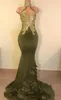 Sexy Olive Green Mermaid Prom Dresses Mermaid Halter High Neck Beaded Sequins Ruffles Sweep Train Plunging V Neck Evening Party Go172i