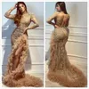 Gold Mermaid Luxurious 2019 African Evening Dresses High Neck Lace Beaded Prom Dresses High Split Formal Party Bridesmaid Pageant Gowns