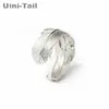 UiniTail 2018 novo 925 prata esterlina anel de pena aberta tamanho ajustável menina jóias moda maré fluxo de alta qualidade jóias3184853