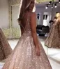 Gorgeous Rose Gold Sequined Prom Dresses V Neck Sparkling Sequin A-Line Backless Prom Party Dresses Robe de Soiree