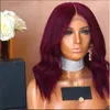 送料無料自然な毛の肝硬なるブルゴーニュ色の色の波の合成レースフロントかつら黒の女性の短いボブの耐熱性繊維の髪