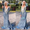 2019 Arabic Ice Blue Sequined Mermaid Evening Dresses Beaded Long Sleeve Illusion Neck Prom Dress Sexy Cheap Formal Party Pageant Gowns