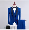 Royal Blue Bruidegom Tuxedos Zwart Sjaal Revers Mannen Bruiloft Tuxedos Uitstekende Mannen Business Diner Prom Blazer 3 Stuk Suit (Jas + Pants + Vest)