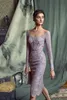 Lavendelfarbene Kleider für die Brautmutter mit transparentem Ausschnitt und langen Ärmeln, formelle Abendkleider, knielange Spitzenkleider für Hochzeitsgäste, günstig