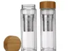 Atacado 450ml tampa de bambu dupla tumbler de vidro de vidro inclui filtro infusor cesta de garrafa de água 10 pcs