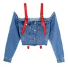 2020 Summer Sexy Jacket/Shorts 2PCS Sets Women's Belt Exposed Navel Short Coat Sling Strapless Denim Jacket + Ultra Short Jeans