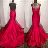 Sexy High Neck Mermaid Prom Dresses Red Color Satin Pearls Beads Sequin Open Back Special Occasion Dress Evening Gowns Plus Size Vestido De